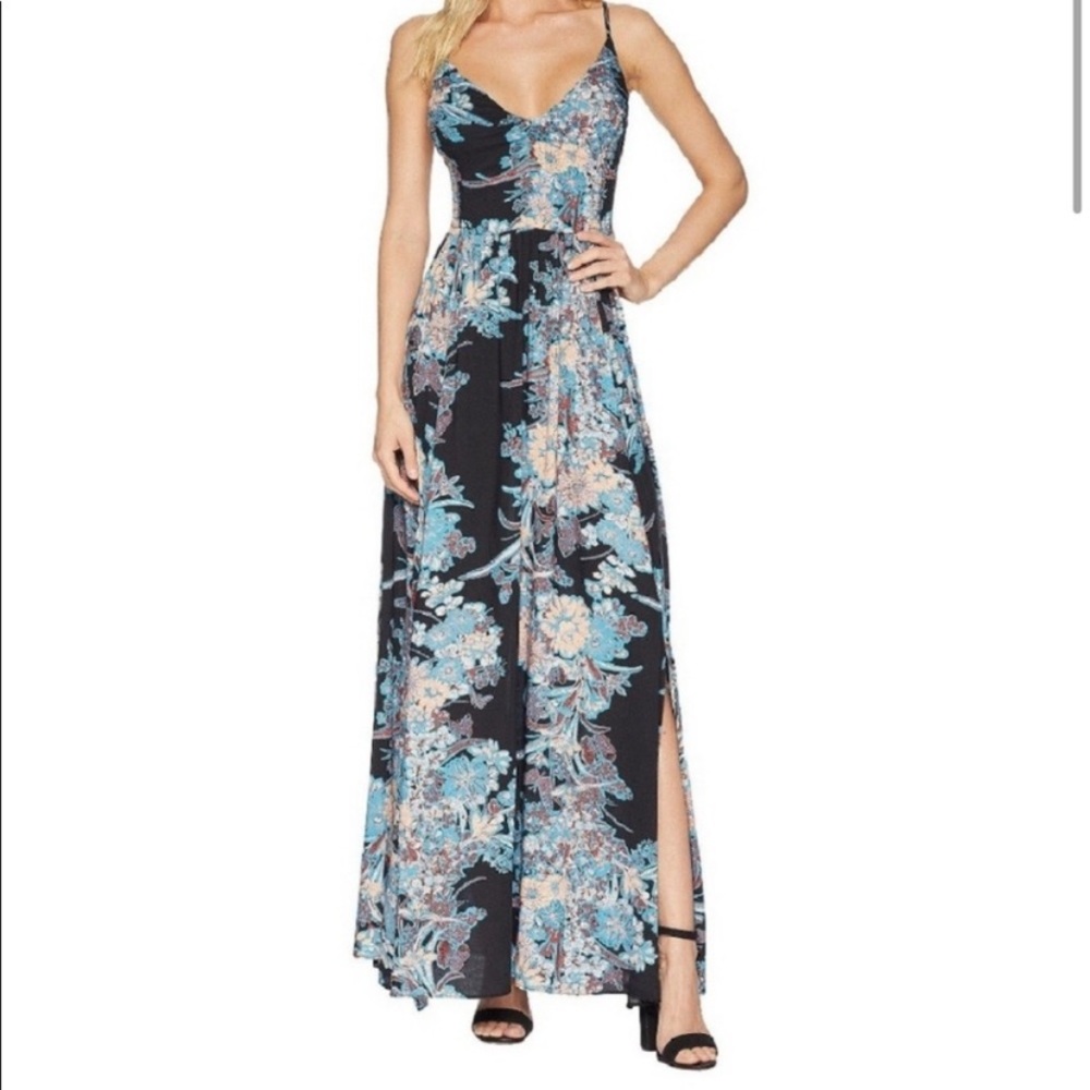 Floral V-Neck Maxi Dress in Black and Blue